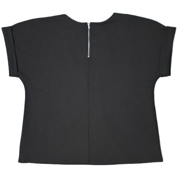 Melloday Black Top XL Pleated Front Zipper Back Short Sleeve Blouse (N) - Picture 2 of 6